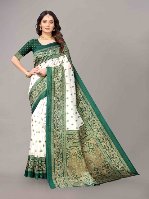 

KALINI Off White & Green Ethnic Motifs Art Silk Saree