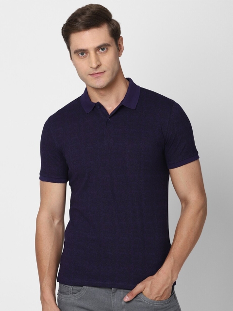 

V Dot Men Navy Blue Polo Collar Slim Fit T-shirt