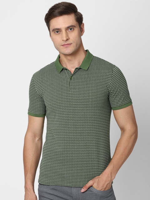 

V Dot Men Green Checked Polo Collar Slim Fit T-shirt