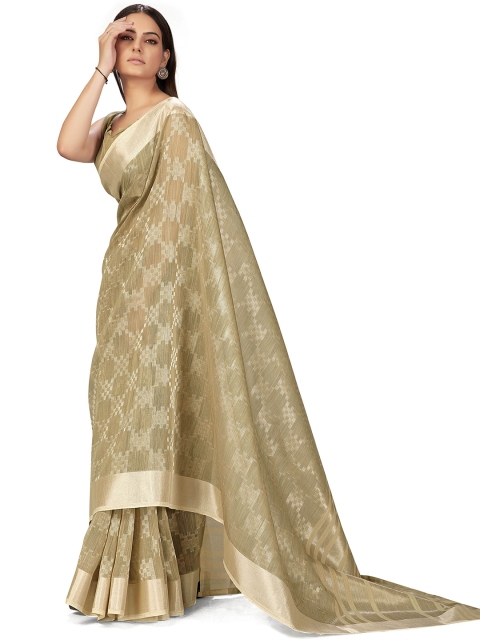 

MANOHARI Beige & Gold-Toned Woven Design Silk Blend Heavy Work Saree