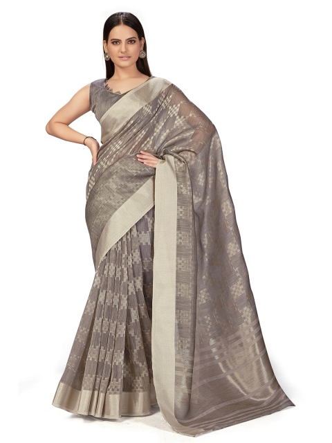 

MANOHARI Grey & Silver-Toned Woven Design Silk Blend Heavy Work Saree