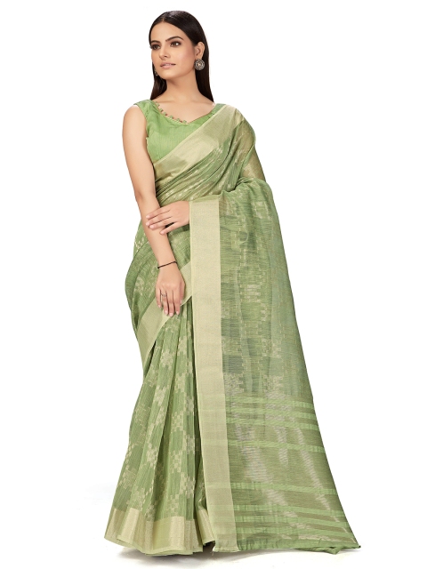 

MANOHARI Green & Gold-Toned Woven Design Silk Blend Heavy Work Saree