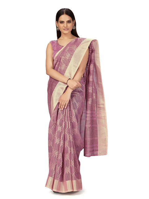 

MANOHARI Purple & Gold-Toned Woven Design Silk Blend Heavy Work Saree