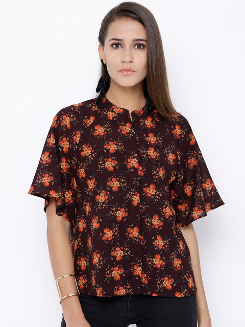 

Tokyo Talkies Maroon Floral Print Shirt-Style Top