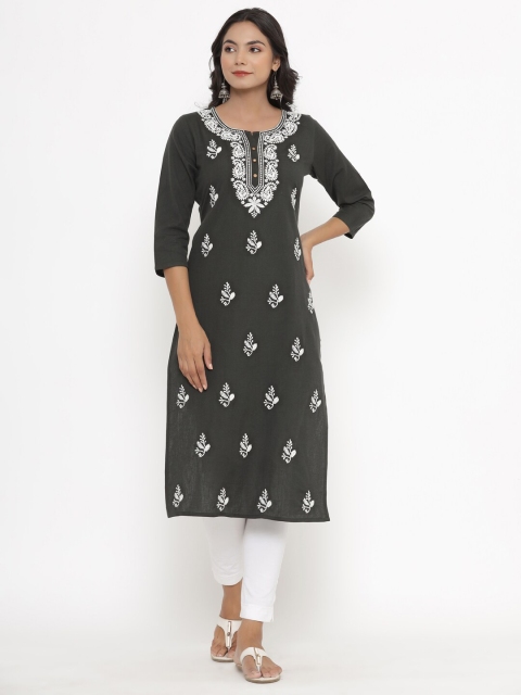 

PK Fashions Green & White Floral Embroidered Pure Cotton Kurti