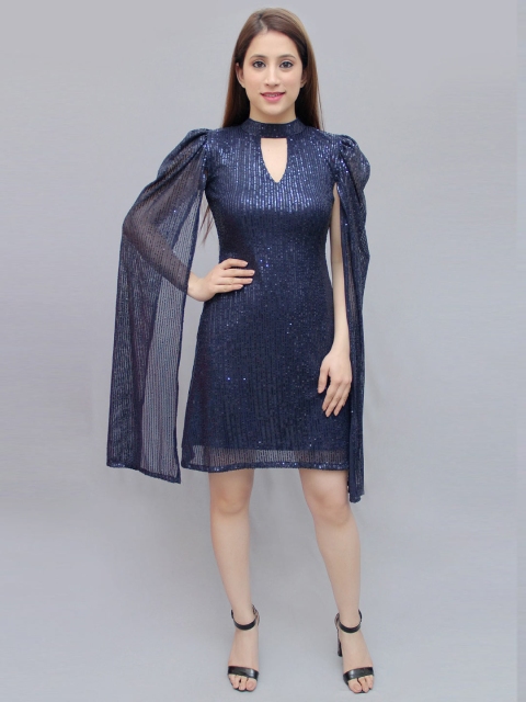 

CRAZEVILLA Navy Blue Choker Neck Liva A-Line Dress