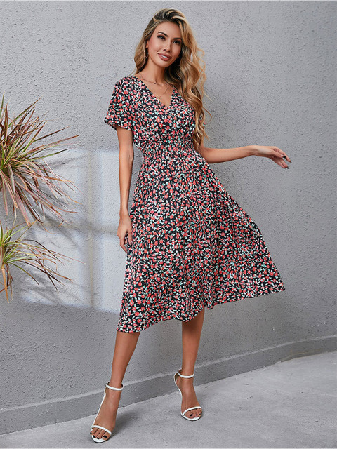

BoStreet Black Floral A-Line Midi Dress