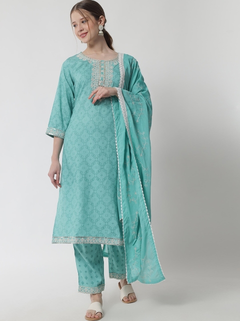 

IkDaiya Women Sea Green Ethnic Motifs Embroidered Kurta with Trousers & With Dupatta
