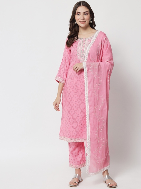 

IkDaiya Women Pink Ethnic Motifs Embroidered Kurta with Trousers & With Dupatta