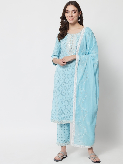 

IkDaiya Women Blue & White Printed Kurta with Trousers & With Dupatta