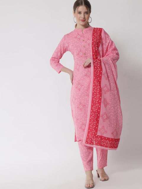 

IkDaiya Women Pink Bandhani Printed Kurta with Trousers & With Dupatta