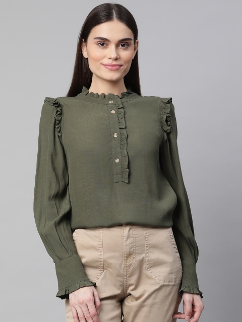 

Marks & Spencer Olive Green Woven Ruffles Shirt Style Top