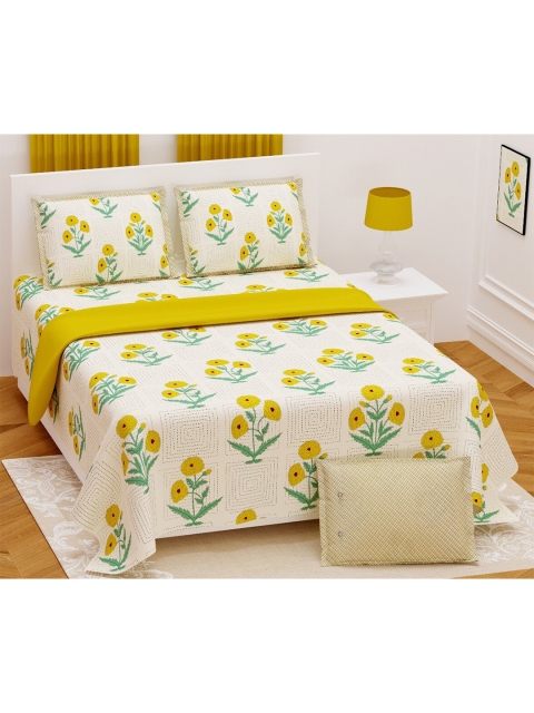 

Aura Yellow & Green Floral 200 TC King Bedsheet with 2 Pillow Covers