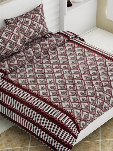

Aura Maroon & Grey Floral 140 TC Queen Bedsheet with 2 Pillow Covers