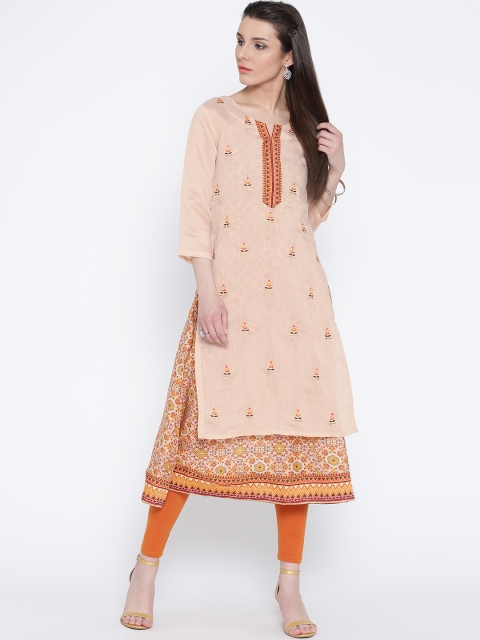 

Rangriti Women Peach-Coloured & Orange Embroidered Layered Straight Kurta