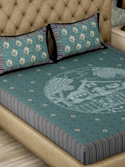 

Aura Green & Purple Floral 200 TC Queen Bedsheet with 2 Pillow Covers