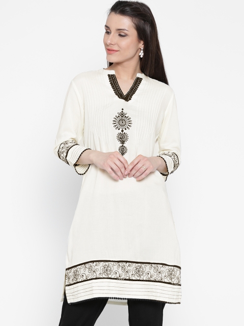 

Rangriti Women Cream-Coloured Embroidered Straight Kurta