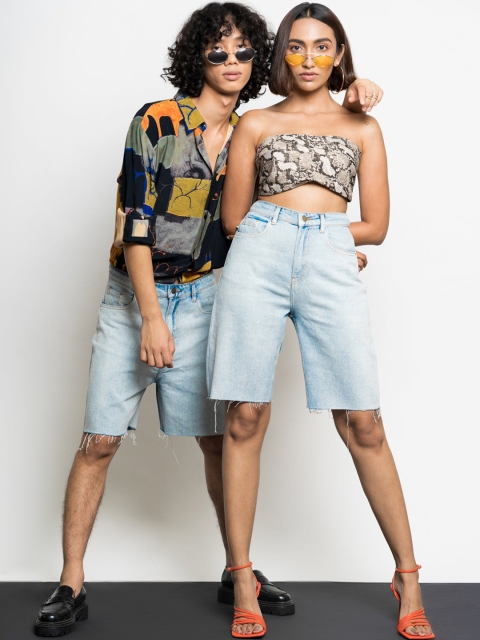 

FREAKINS Unisex Blue Loose Fit High-Rise Denim Shorts