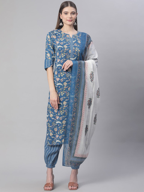 

Sringam Women Blue Floral Printed Kurta with Dhoti Pants & With Dupatta