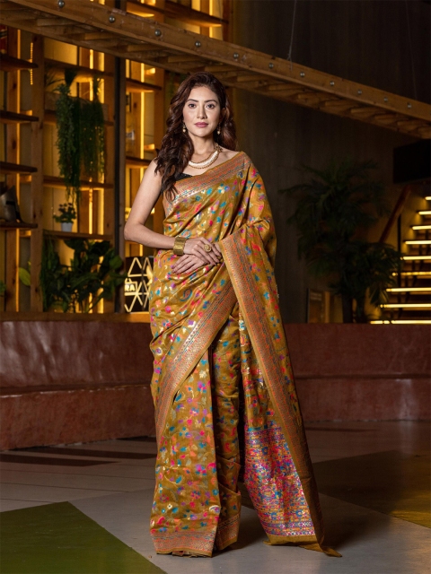 

BEATITUDE Mustard & Green Woven Design Zari Silk Blend Saree