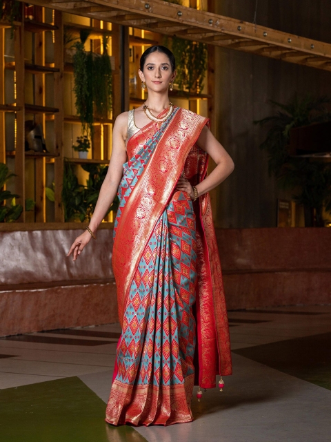 

BEATITUDE Orange & Blue Ethnic Motifs Silk Blend Saree