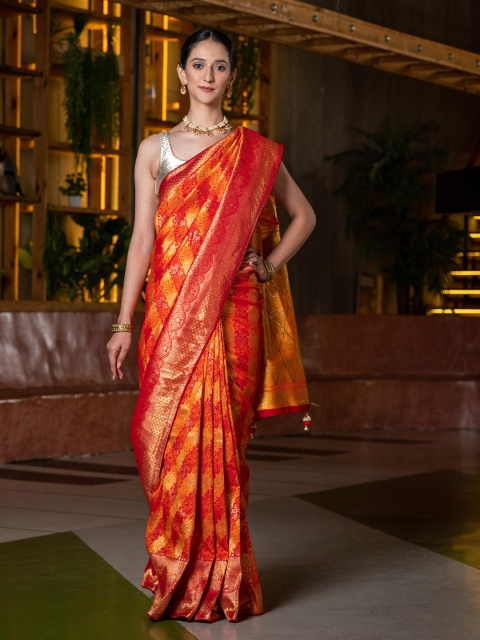 

BEATITUDE Orange & Gold-Toned Woven Design Silk Blend Saree