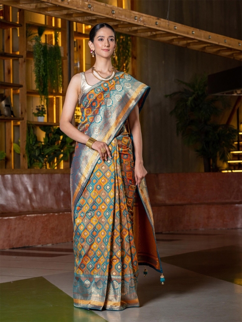 

BEATITUDE Orange & Blue Woven Design Silk Blend Saree