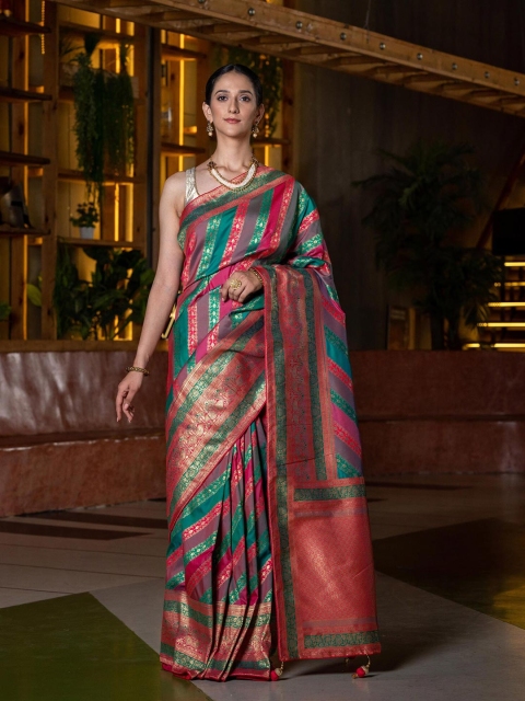 

BEATITUDE Pink & Green Ethnic Motifs Silk Blend Saree