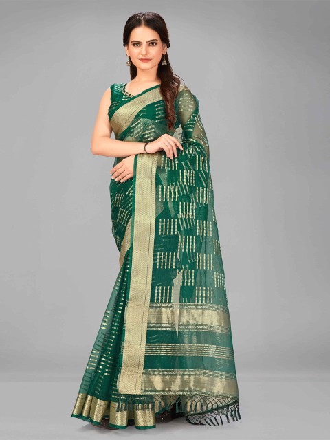 

MANOHARI Green Woven Design Zari Silk Blend Saree