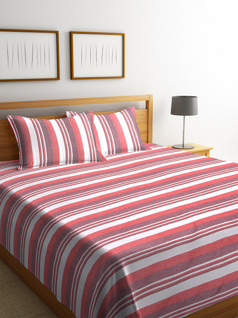 

KLOTTHE Red Striped Double Bed Cover With 2 Pillow Covers