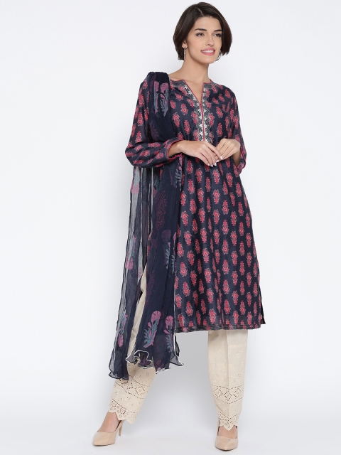 

Biba Navy & Beige Printed Salwar Suit with Dupatta, Navy blue