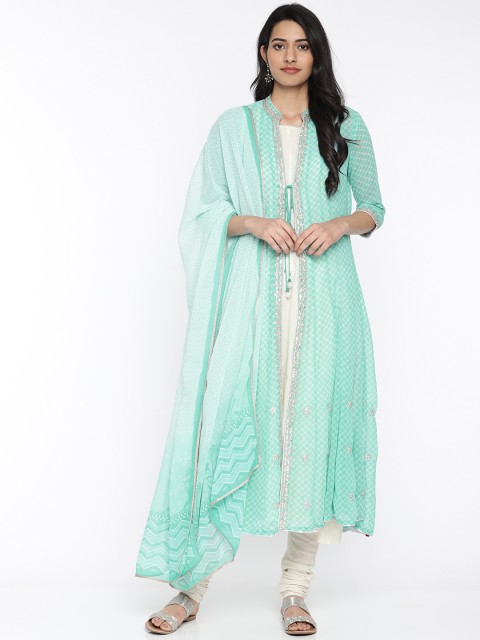 

Biba Women Sea Green & Off-White Printed Kurta with Churidar & Dupatta