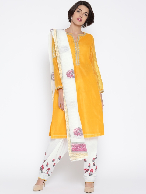 

Biba Women Mustard & White Solid Kurta with Salwar & Dupatta