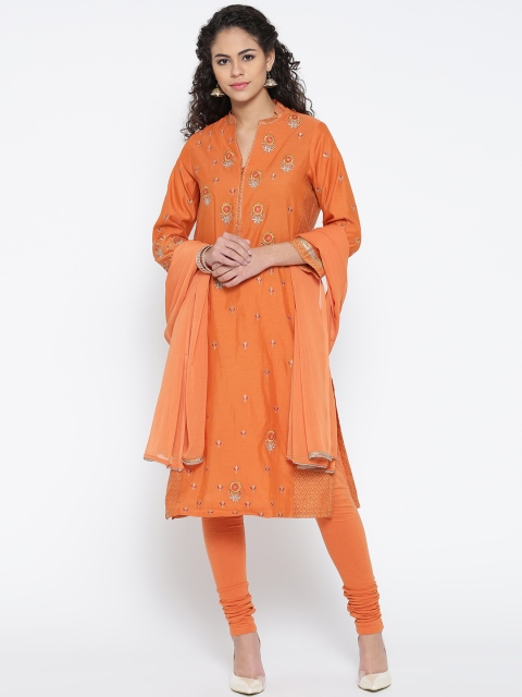 

Biba Orange Embroidered Churidar Kurta with Dupatta