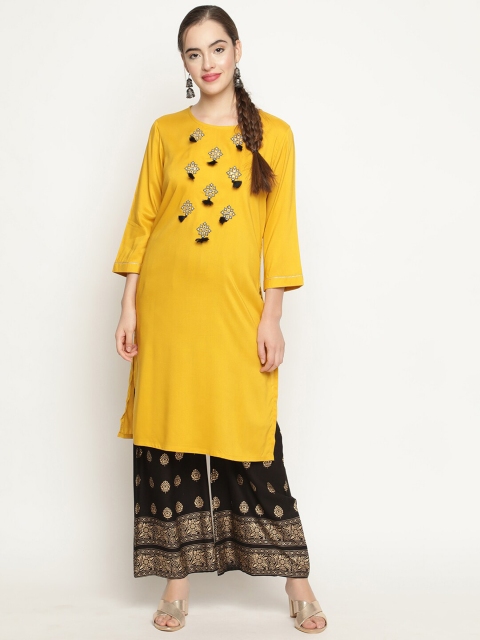 

V2 Value & Variety Women Mustard Yellow Embroidered Thread Work Kurta