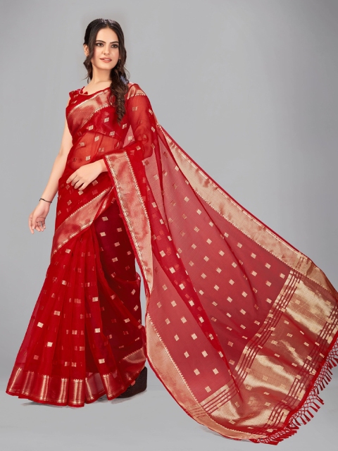

MANOHARI Red & Gold-Toned Woven Design Zari Silk Blend Saree