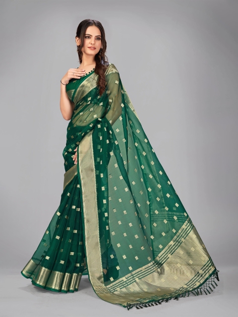 

MANOHARI Green & Gold-Toned Woven Design Zari Silk Blend Saree