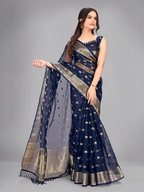 

MANOHARI Navy Blue & Gold-Toned Woven Design Zari Silk Blend Saree