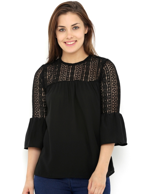 

20Dresses Women Black Solid A-Line Top with Lace Detail