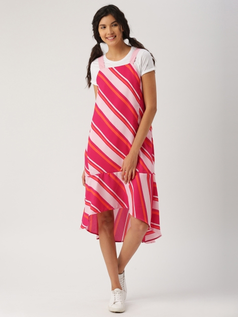 DressBerry Women Pink & Orange Striped Midi Dress available at myntra for Rs.449