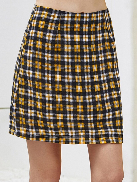 

BoStreet Women Yellow & Blue Checked Mini Pencil Skirt