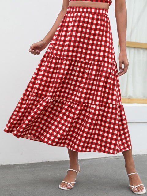 

BoStreet Women Red Checked Tiered Maxi Skirt
