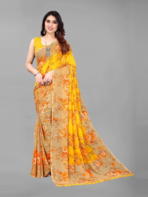 

KALINI Yellow & Orange Floral Pure Georgette Saree