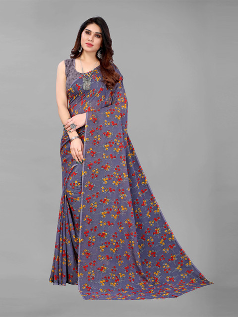 

KALINI Purple & Red Floral Printed Pure Georgette Saree