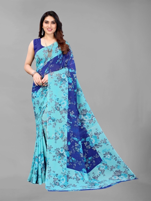 

KALINI Blue & Grey Floral Pure Georgette Saree