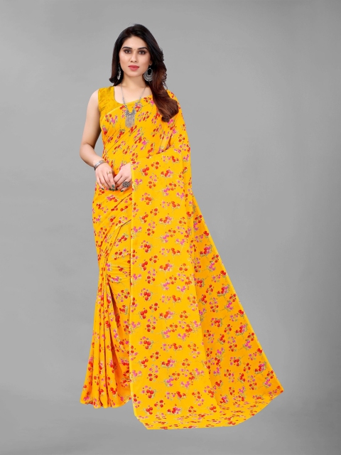 KALINI Yellow & Red Floral Pure Georgette Saree