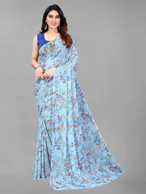 

KALINI Blue & Red Floral Pure Georgette Saree