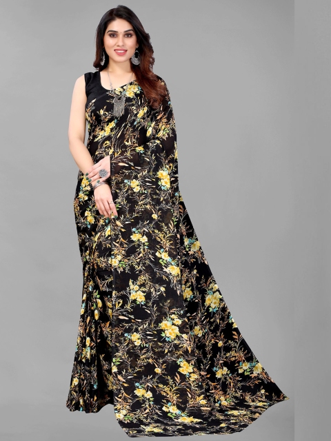 

KALINI Black & Yellow Floral Pure Georgette Saree
