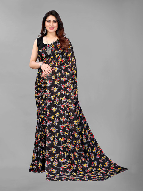 

KALINI Black & Yellow Floral Pure Georgette Saree