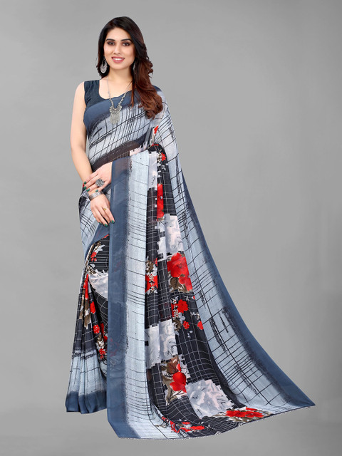 

KALINI Grey & Red Floral Pure Georgette Saree